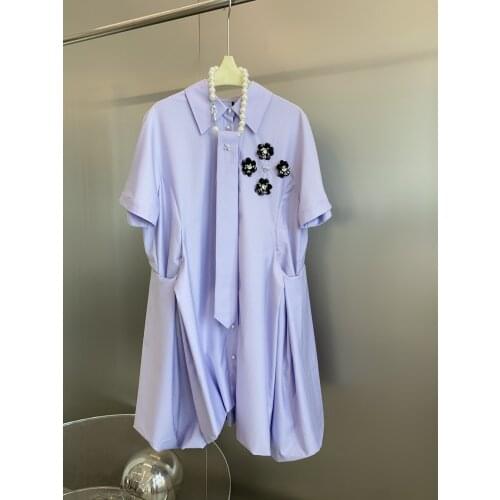Fashion 2021SS Summer New Women Flower Beading Puff Sleeve Purple Casual Dress For Female Ddxgz2 6.15
