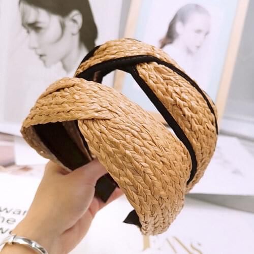 Women Fashion Tempered Grass Woven Headband Elastic Solid Color Simple Wide-Brimmed Hairbands Fresh Hairband Hair Accessories