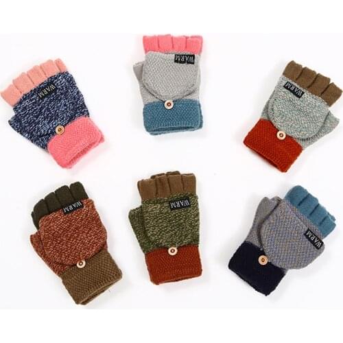 Multicolor Color Block Winter Warm Thickening Faux Wool Half Finger Flip Gloves