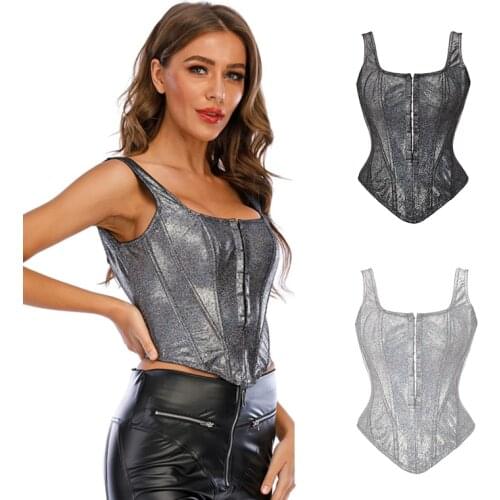 Sexy Crazy Cropped Top Steam Punk Corset Women Bustiers Camis Party Lace Up Tank Top Stage Gothic Bodice Silver Corselet
