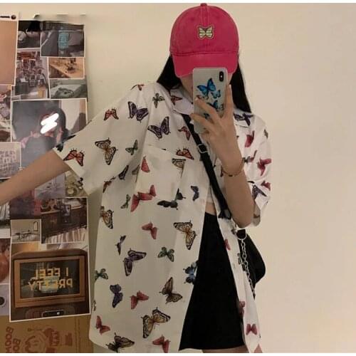 Chic Vitage Short Sleeve Loose Women Blouse Shirt Y2K Butterfly Printing Button Up Pockets Womens Shirts 2020 Summer Ins Blouses
