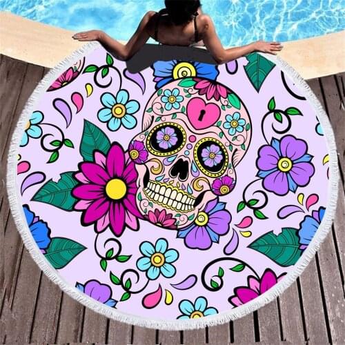 Modern Multi-coloured Skull Flower 3D Printed Beach Towel with A Diameter of 150cm Round Tassel Sun Blanket Beach Towels