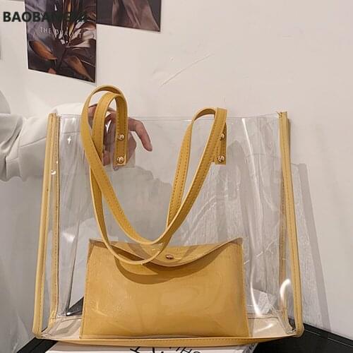 Summer PVC+Pu Shoulder Bag Women Transparent Clear Shopping Bag Female Beach Vacation Handbag Large Capacity Composite Bags