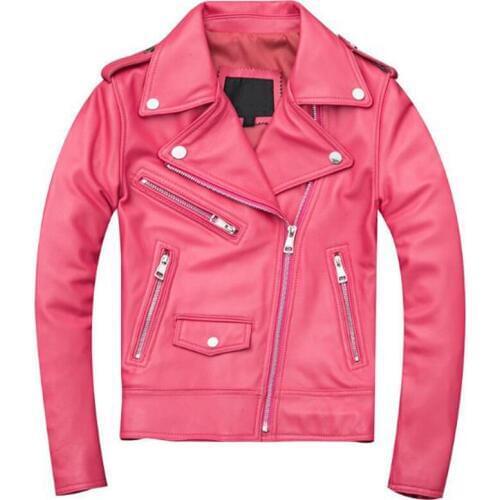 Women Real Sheepskin Jacket Coat Pink Automotive Streetwear European and American Style Girls Genuine Leather Jacket Female A817