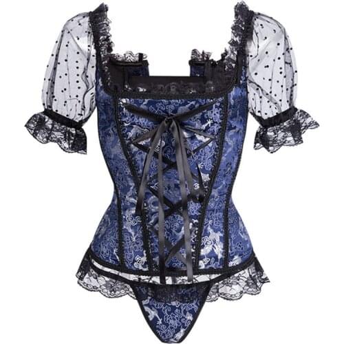 WYS.JL Sexy Blue Black White Steampunk Ladies Corset Polyester Lace Corset Top