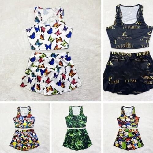 2021 Summer New Womens Short Skirt Suit Candy Snack Print Pattern Short Skirt Vest Suit Womens Sports Suit