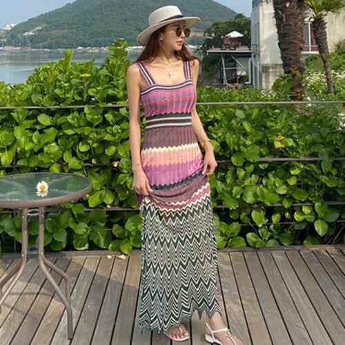 2020 Runway Bohemian Sexy Strap Knitted Maxi Dress Lady Summer Strapless Long Party Camisole Dress Holiday Beach Dress Vestidos