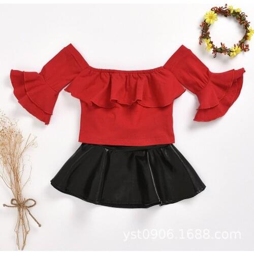 Girl Summer New Fashion 2PCS Toddler Kid Baby Girl Clothes Flare Sleeve Off Shoulder Red Tops T-Shirt Skirt Outfit 1-5 Y