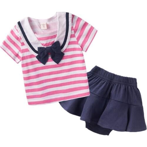 Baby Girls Clothing Sets Summer Short Sleeve Striped Cotton Bow T-shirt+Skirt 2Pcs for Kids Clothing Sets Baby Clothes Outfits
