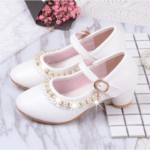 Princess Kids High Heels Shoes Kids Dress Party Leather Shoes Baby Girls Childrens White Shoes Enfants Wedding for Girl