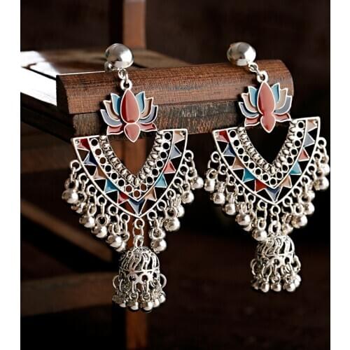 Ethnic Womens Bohemia Semicircle Gold Tassel India Stud Earrings Tibetan Jewelry Geometric Triangle Jhumka Earrings Oorbellen