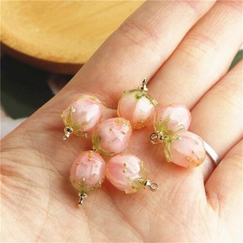 Julie Wang 5PCS Resin Tiny Pink Strawberry Charms Fruit Pendant Bracelet Earrings Jewelry Making Accessory Decor