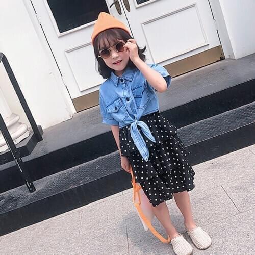 Girls Clothing Sets Summer Black Dot Sleeveless Dress+Denim Coat fashion Girls Clothes Suit Casual Girls Outfits