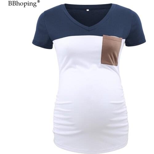 Summer Maternity T-Shirts Pregnant Short Sleeve Tops Pregnancy Striped Shirts Women Splice Color Top Women Clothes with Pocket