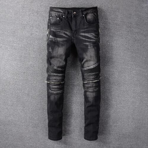 Fashion Streetwear Men Jeans Vintage Black Zipper Spliced Ripped Hip Hop Skinny Jeans Men Elastic Punk Pants Biker Jeans Homme