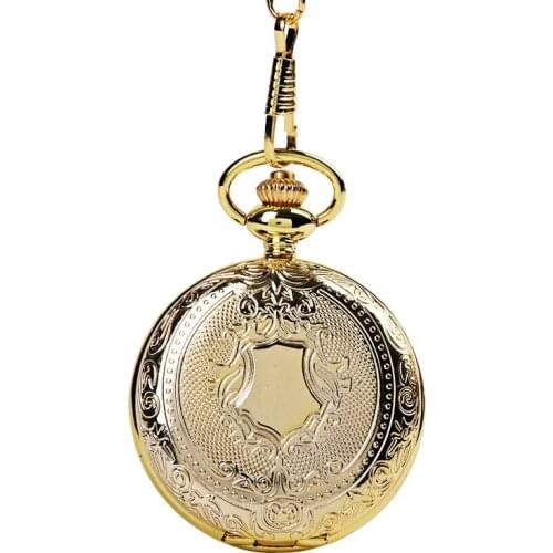 New fashion gold European retro style solid cover quartz pocket watch large double-sided carved wall charts shield with necklace