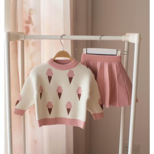 Spring new items Children Clothing Sets Pleated Skirt 2pcs Baby Girls Suits Kids Outfits Ice Cream Knitted Pullover Sweate