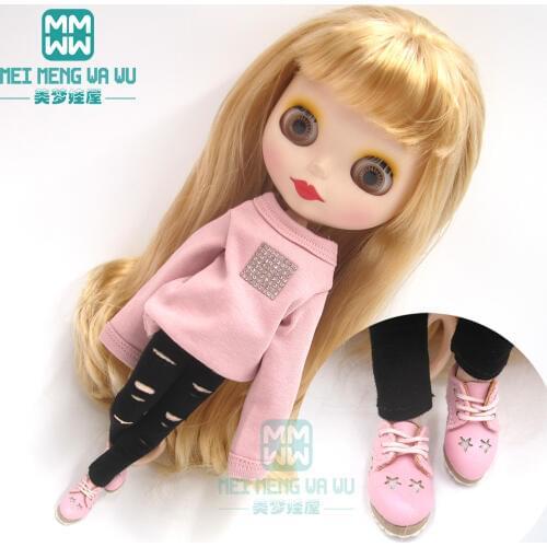 Blyth Doll Clothes pink sweatshirt, casual pants, leather shoes for Azone doll accessories