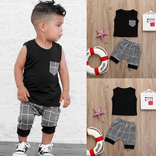 Boy Clothes Summer New Baby Boy Suit Vest Shorts Clothing Sets Gray Plaid 2 Pcs