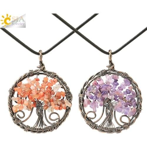 CSJA 7 Chakra Tree of Life Necklace Pendant Handmade Wire Wrapped Copper Reiki Natural Stone Chip Bead Necklaces for Women G796