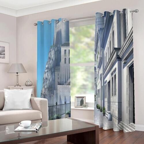 Custom Seaside Landscape Castle Balcony Photo Curtains for Living Room Bedroom Half-Blackout Drapes Sets (Left and right side)