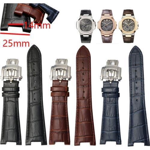 25mm Waterproof Genuine leather Watch Band Strap Fold Buckle Blue Brown Black Man Watchband Strap for PP Watch Nautilus Man