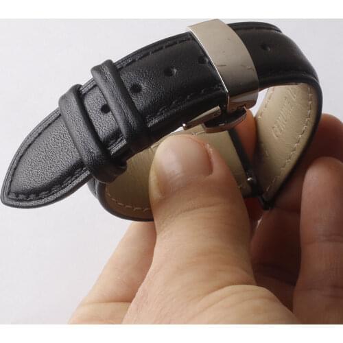 Cowhide skin Watchband Genuine Leather 12mm 14mm 16mm 18mm 20mm smooth soft watches strap bracelet with Butterfly buckle Black