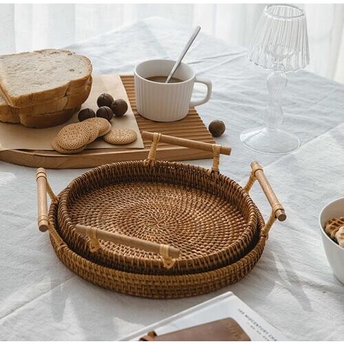 Rattan Dessert Plate Round Serving Tray with Handle Coffee Bread Plates Desserts Ftuit Food Organizer Platter Home Table Decor