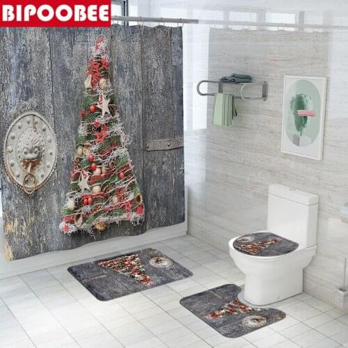 Christmas Trees Barn Wood Printed Shower Curtains for Bathroom Decor Farmhouse Xmas Bath Mats Toilet Lid Cover Anti-slip Carpet