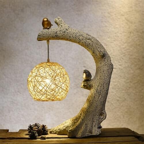 Chinese Retro Bird Lamp LED Table Lamps for Bedroom Home Deco Living Room Lights Rattan Weave Pastoral Style Bird Light Fixtures
