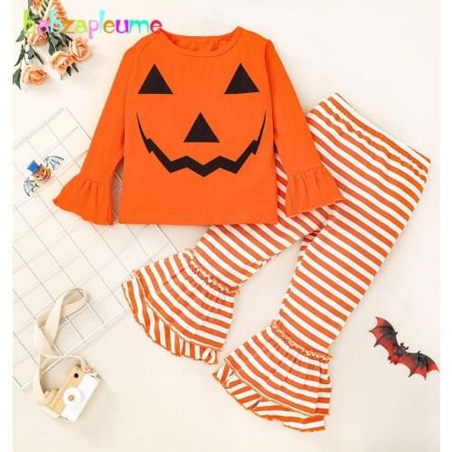 Spring Fall Baby Halloween Outfits Toddler Clothes Cartoon Print T-shirt+Stripe Loose Pants Little Girls Clothing Set BC2063