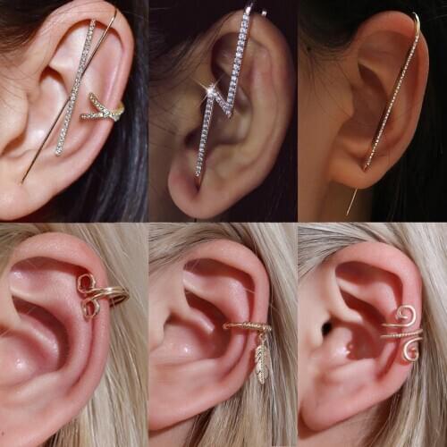 Vintage Cubic Zirconia Lightning Cross Ear Clip Ear Wrap Crawler Crystal Hook Earrings Women Metal Geometry Clip Earring Jewelry