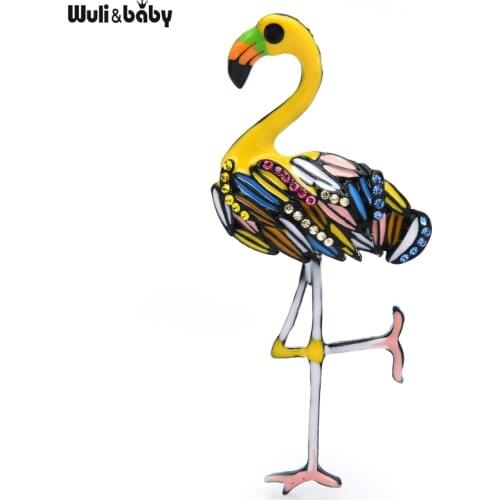 Wuli&baby Big Enamel Flamingo Bird Brooches 4 Colors Rhinestone Animal Brooch Pins Jewelry Gift 2021