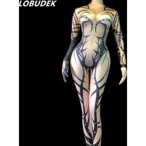 Black 3D Printing Jumpsuit Stretch Skinny Bodysuit Women Nightclub Clothing Sexy Stage DJ DS Costume Pole Dancing Stage Outfits