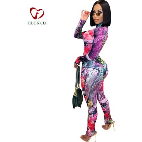 Sheer Mesh See Through Pattern Print 2 Piece Sets for Women Long Sleeve Bandage Bodysuits and Skinny Legging Sweat Suit Outfits