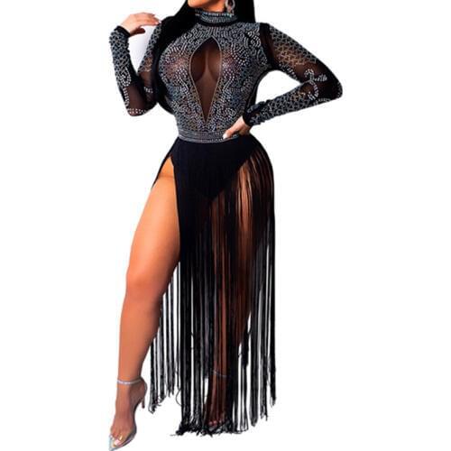 2019 Women Long Sleeve O Neck Bandage Dress Femme Club Tassels Split Long Robe See Through Mesh Shiny Rhinestone Sexy Dress