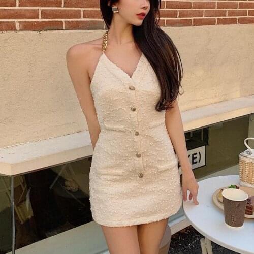 Make firm offers pure sexy spice French v-neck metallic chain strappy white dress