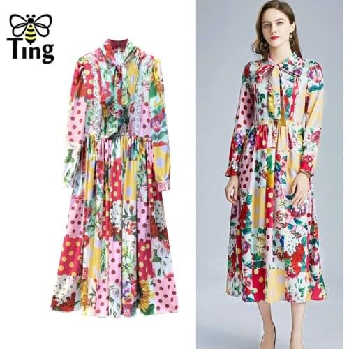 Tingfly Runway Design Floral Polka Dot Print Chiffon Long Dress Women Elegant Bowknot Collar A Line Casual Dress Party Vestidos