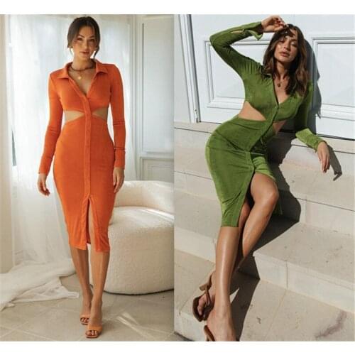 Fashion Autumn Long Sleeve Skinny Button Shirt Hollow Dress Turn-Down Collar Women Party Sexy Mini Dress Ladies Solid Streetwear