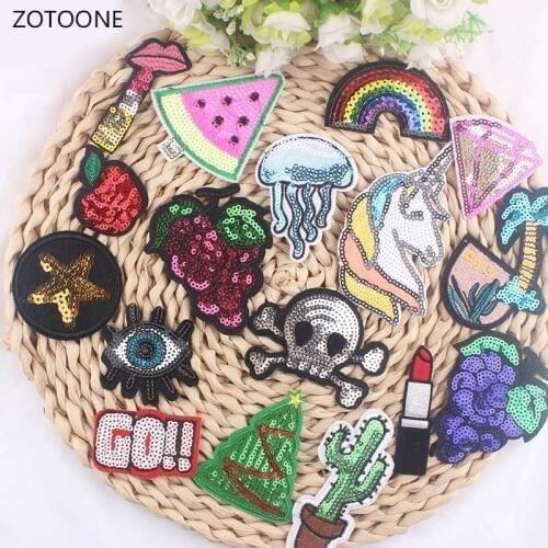 ZOTOONE 1PCS Cool Skull Skeleton Sequins Patch Cheap Embroidered Patches Sew On Kids Clothes Cartoon Unicorn Grape Eyes Sequin A