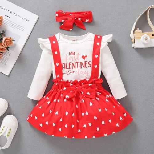0M-24M Newborn Infant Baby Girls Valentines Day Romper Bodysuit+Hearts Suspender Skirt Rompers Outfits Baby Clothes Set