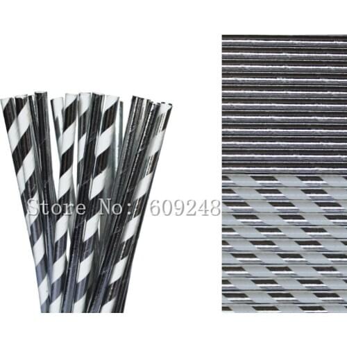 100pcs Metallic Silver Foil Striped and Plain Paper Straws Mix,New Year Christmas Wedding Party Holiday Hip Hop Glam Vintage