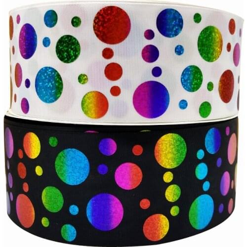 Free shipping 50 yard 3 inch rainbow color dots hologram ribbon foil printed grosgrain ribbon