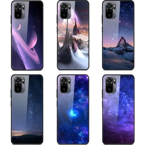 Case Redmi Note10 4G Phone Case Back Cover Black Silicone Bumper With Tempered Glass Star Sky Pattern