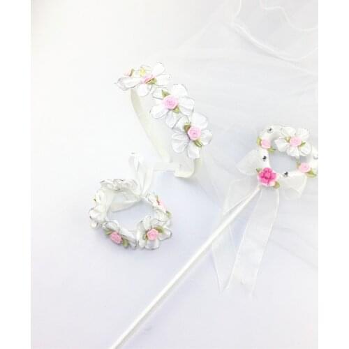 Girl White Pink Flower Veil Wreath Headband Fairy Wand Stick Bracelet Set Children Fancy Dress Costume Party Event Supplies