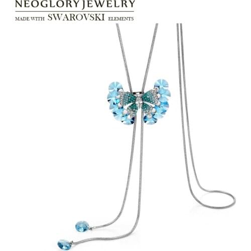 Neoglory Crystal & Rhinestone Long Charm Sweater Necklace Blue Classic Butterfly Style Embellished With Crystals From Swarovski