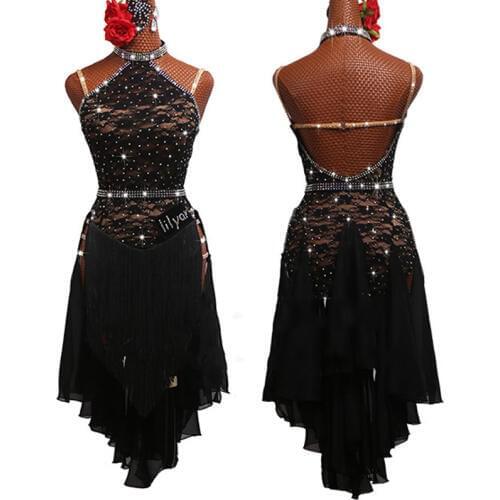 Latin Dance Dress Black Lace Dress Competition Clothing Club Party Dress Dance Wear Women Children Fringe Dance Clothes High End