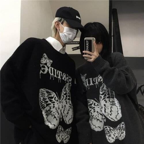 Korean Clothes Round Neck Pullover Harajuku Sweater Men High Street Butterfly Letter Jacquard Retro Loose Couple Clothing M-3XL