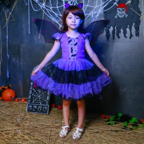 SHICAI Purple Bat Girl Costume Christmas Party Dress Up Items Halloween Fancy cosplay Dress child costume Free Shipping