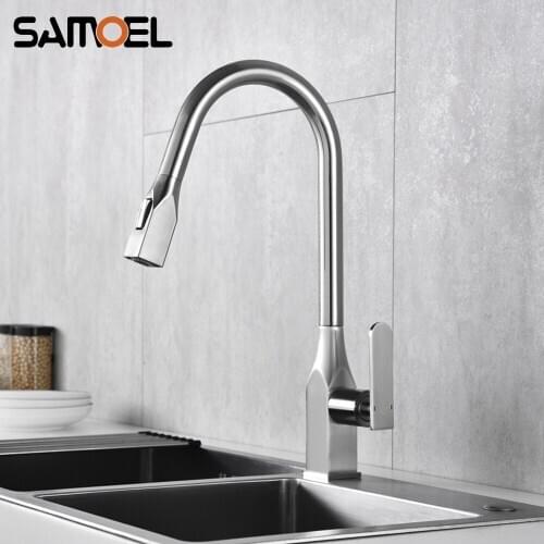 American Style Brass Pull Out kitchen faucet Mixer Brushed Nickel Square Sink Cold Hot Water Tap torneira cozinha NL722